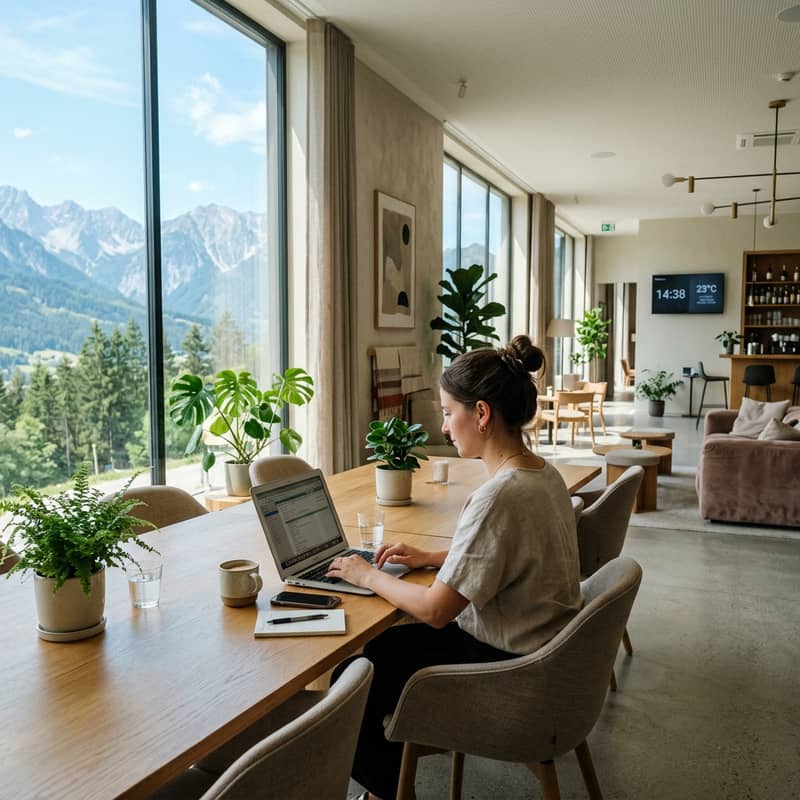 Workation mit Bergblick! Unser moderner Coworking-Bereich bietet dir nicht nu…
